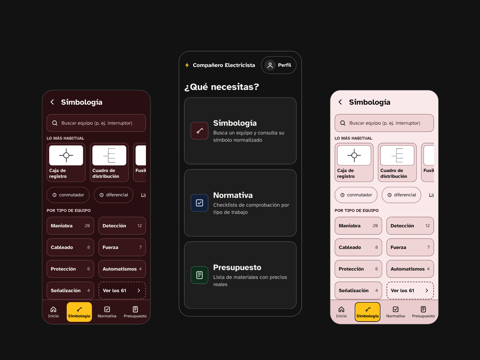 Three screens of Compañero Electricista on dark and light themes: the home menu and the Simbología tool