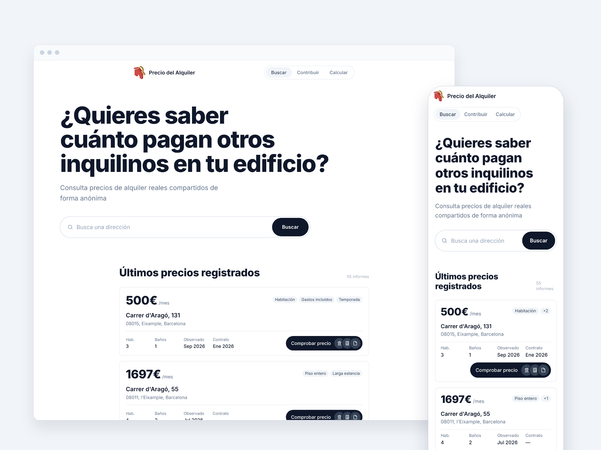 Precio del Alquiler on desktop and on a phone: the question ¿Quieres saber cuánto pagan otros inquilinos en tu edificio?, an address search and rent report cards